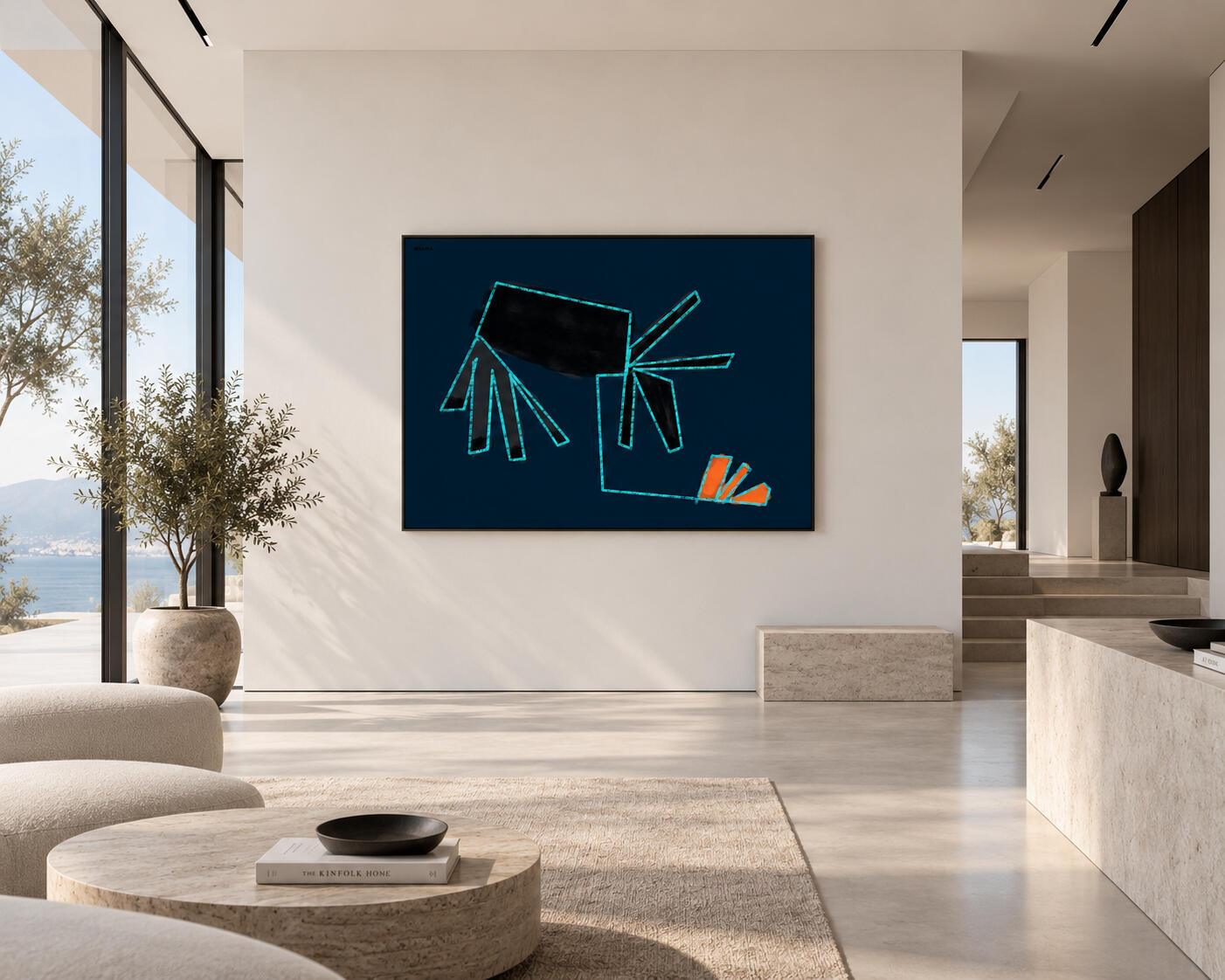 Interior visualization of Donkey and the Carrots by TOTTO — showing the 1/1 artwork at a physical scale of up to approximately 150 × 200 cm in a bright contemporary interior.